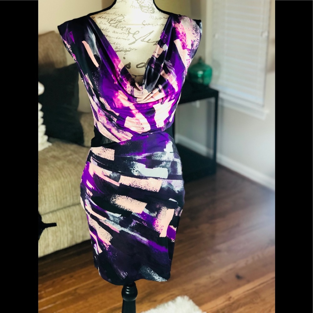 Cow-neck Fitted Dress W/ Abstract Design